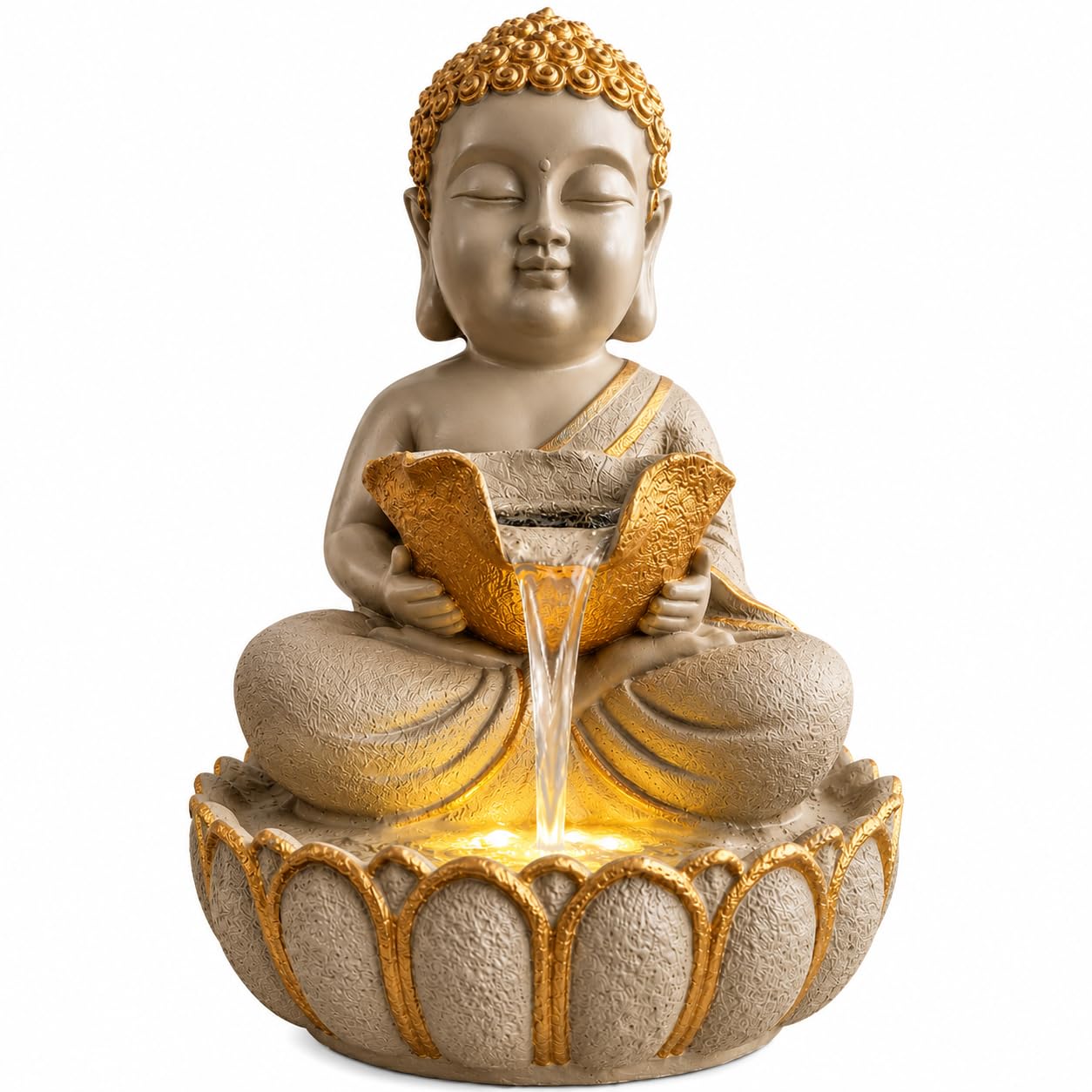 Buddha Water Fountain for Home Decor, 21 Inch Indoor Tabletop Fountain with LED Light & Waterfall, Meditation & Vastu Fountain for Living Room, Office & Entrance, (Ivory Gold)-image-22