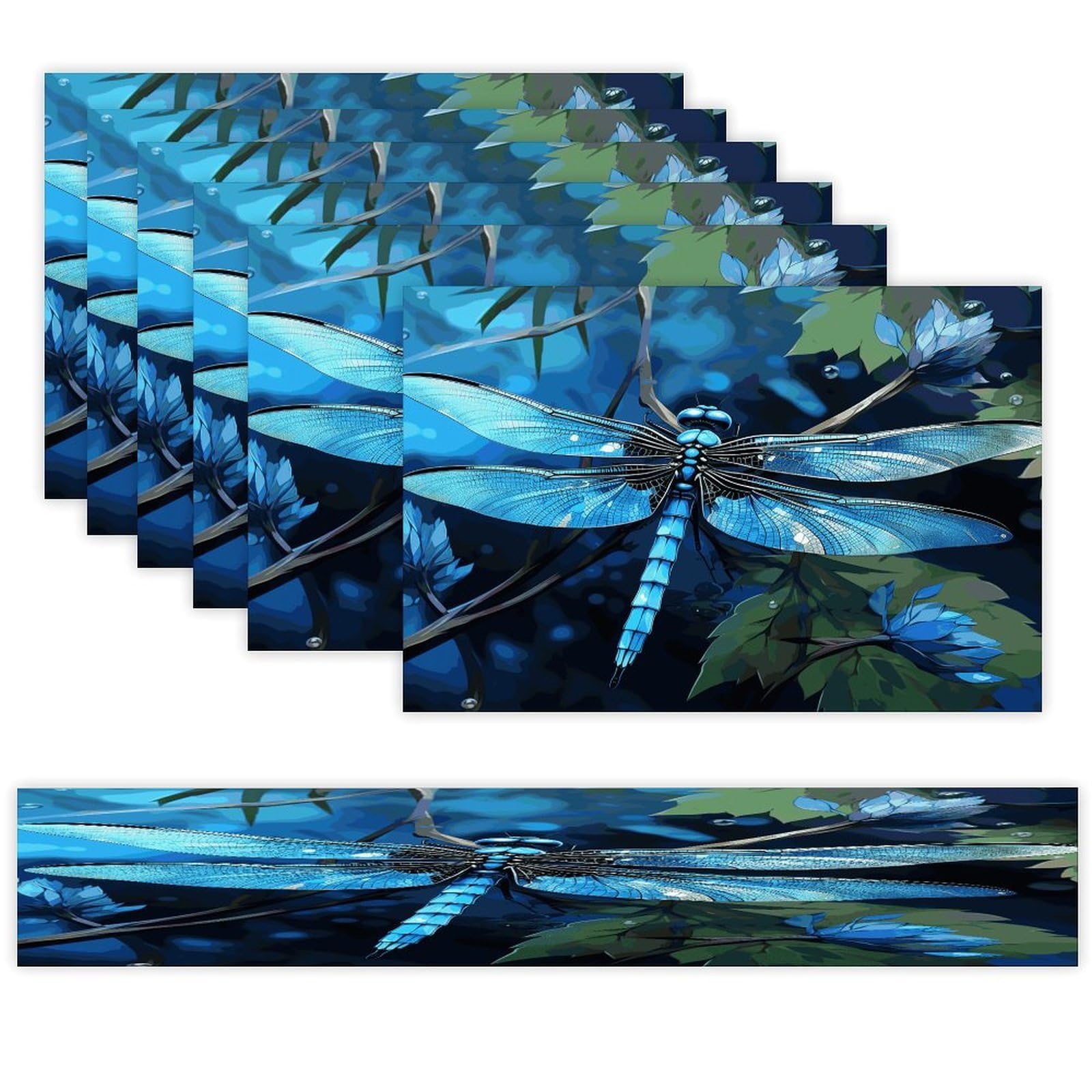 Art Blue Dragonfly Table Runner and Placemats Set of 6 Wipe Clean Heat Resistant Table Mat with Table Runner Decorations Flax Linen Place Mat Set for Home Kitchen Party Supplies