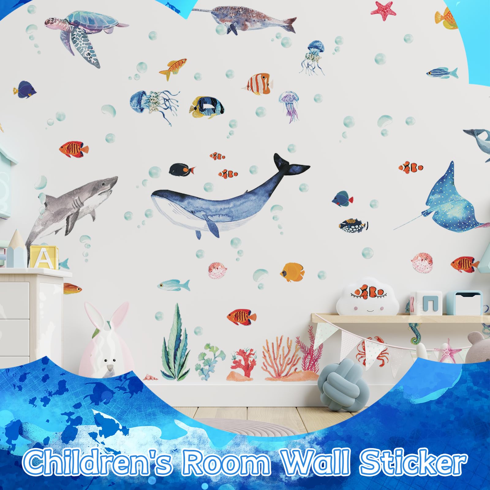 Sea Animals Wall Stickers - Removable Ocean Themed Decals For Kids Room, Nursery & Bathroom