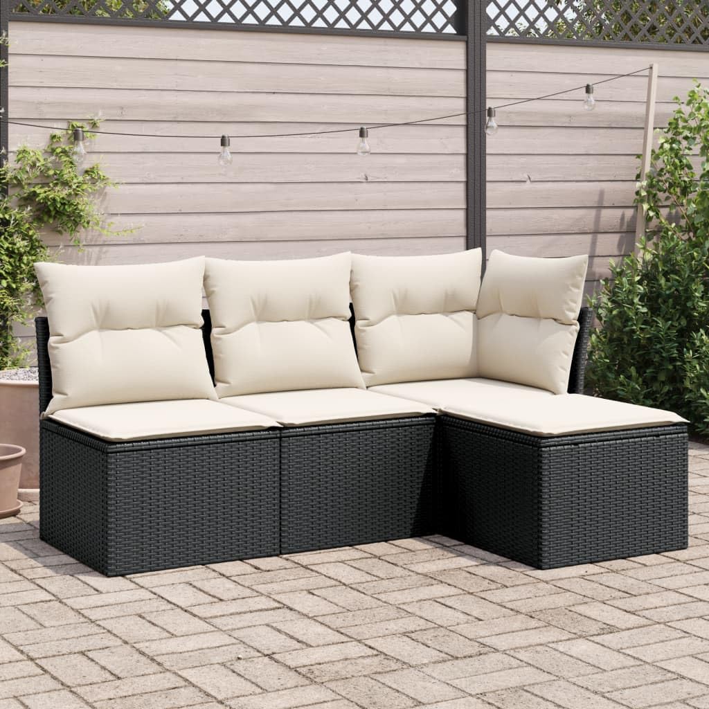 vidaXL Garten Sofagarnitur mit Kissen 4-TLG., Gartenmöbel Gartengarnitur, Sitzgruppe Sitzgarnitur, Lounge Sofa Garnitur Terrasse, Schwarz Poly Rattan
