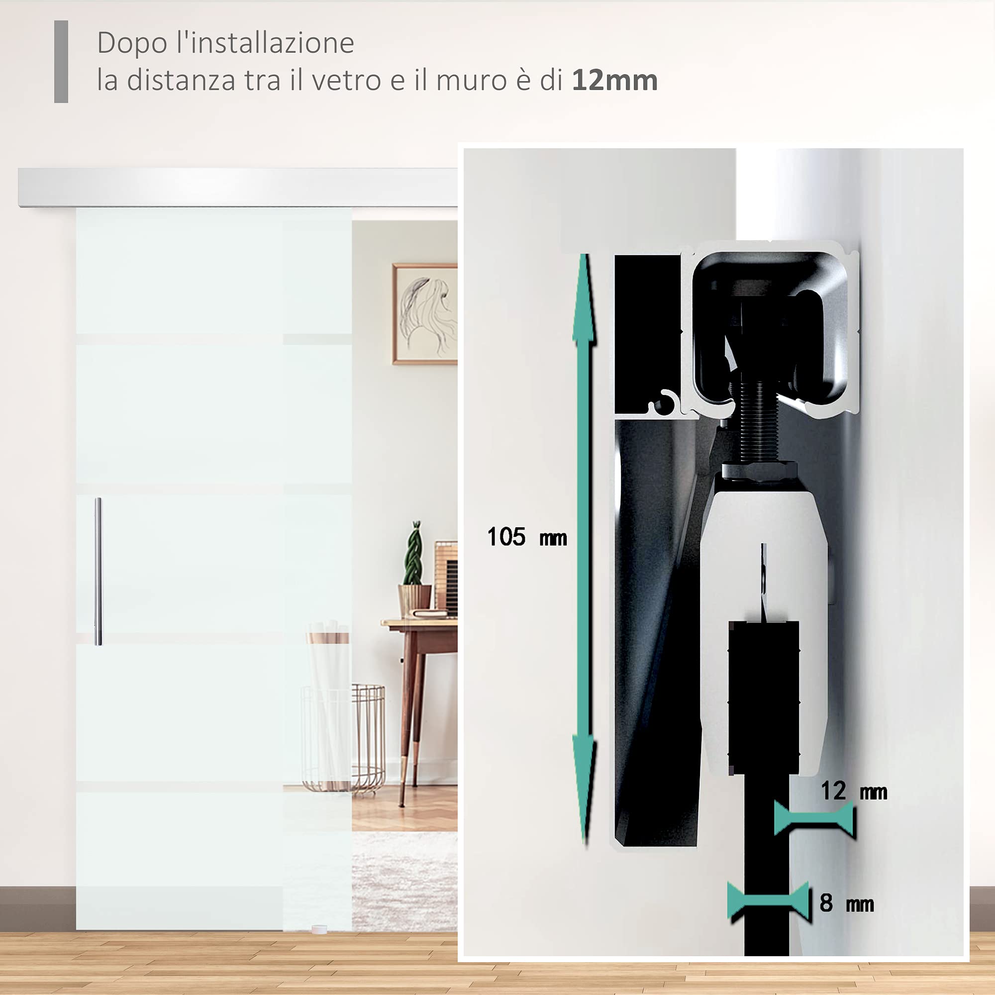 Homcom Porta Scorrevole in Vetro a Strisce con Binario in Alluminio, 75 x 210cm