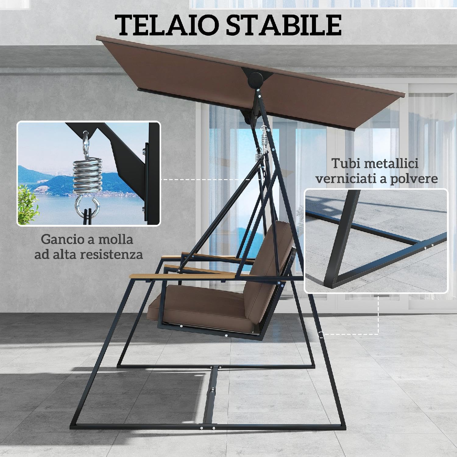 Dondolo da Giardino 3 Posti con Tettuccio Regolabile e Porta Bicchieri in Metallo Dimensioni 222x131x175 cm, Marrone