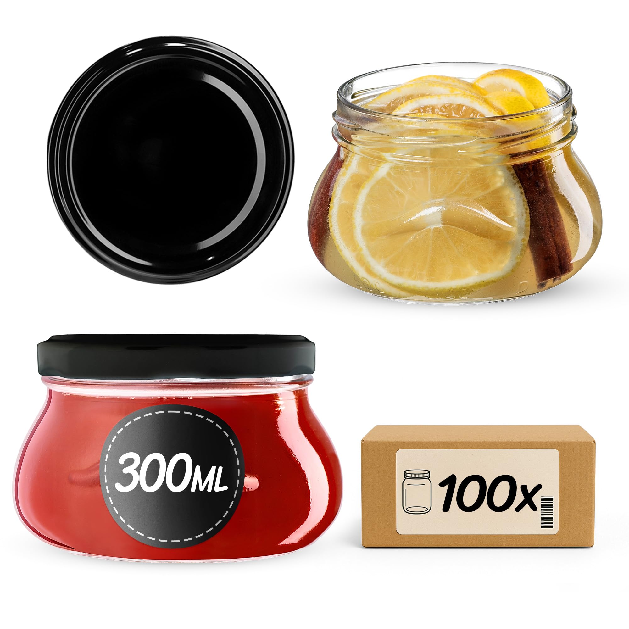 KADAX Lot de 100 bocaux en verre 300ml Ø82 – Couvercle Twist-Off hermétique TO82 – Pour confitures, conserves, cornichons, miel & fermentation