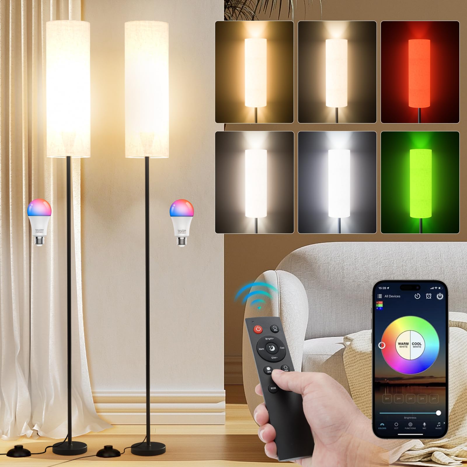 frideko 2 pack floor lamps for living room, dimmable colors temperature & brightness, modern floor lamp with remote, tall standing lamps for living room bedroom office, beige shade 9w rgb bulb
