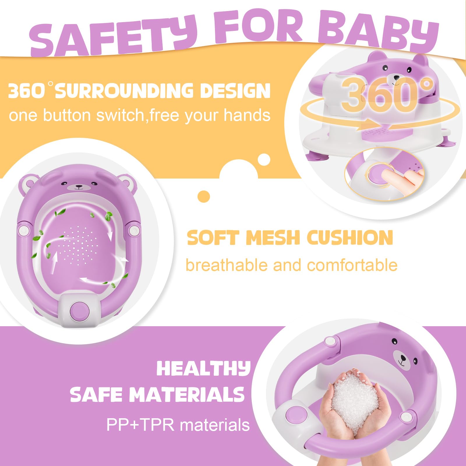 Chaise de Bain pour Bébé 6-24 Mois, Siège de Bain avec Ventouses, Antidérapant Violet