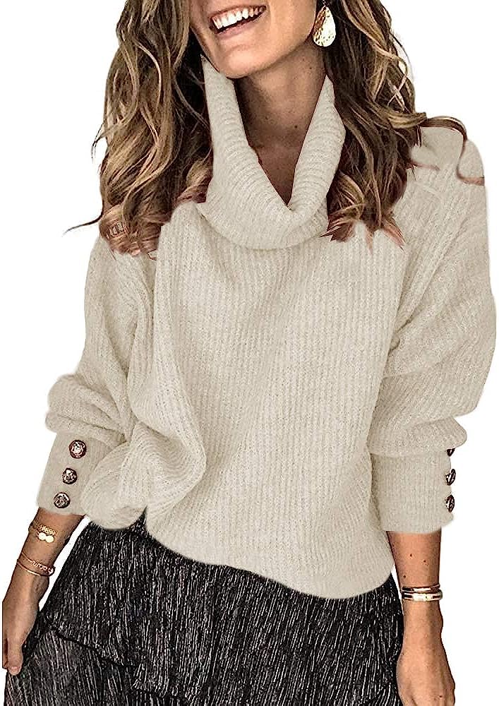 Wenrine Damen Rollkragen Pullover Oversized Winter Strickpullover | Langarm,Casual,Warm Pulli,Lose,Gestrickt,Sweater,mit Metallknöpfen