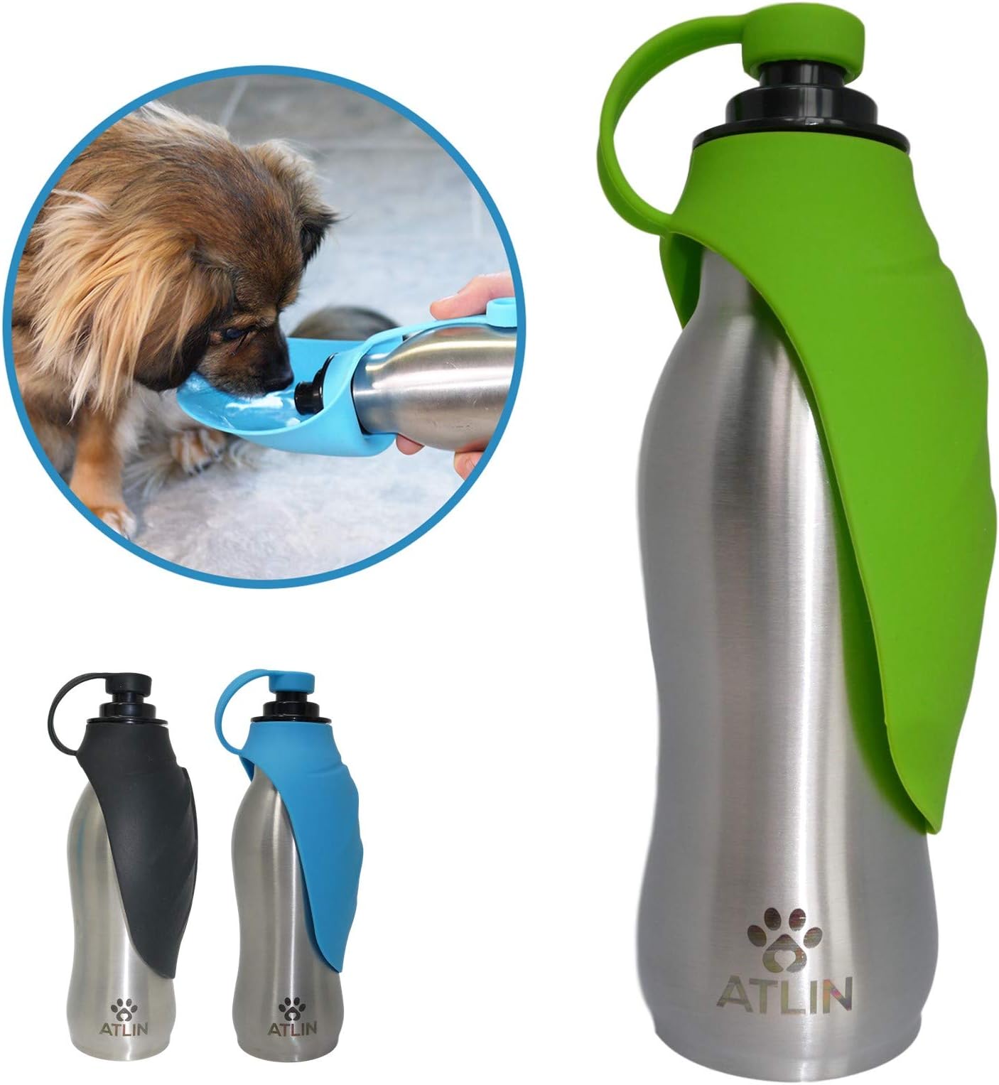 ATLIN Dog Water Bottle - 304 Stainless Steel and Silicone - Leak-Proof Dog Bottle is Great for Walking, Hiking, Running and The Dog Park - 20 oz for Large, Medium or Small Dogs