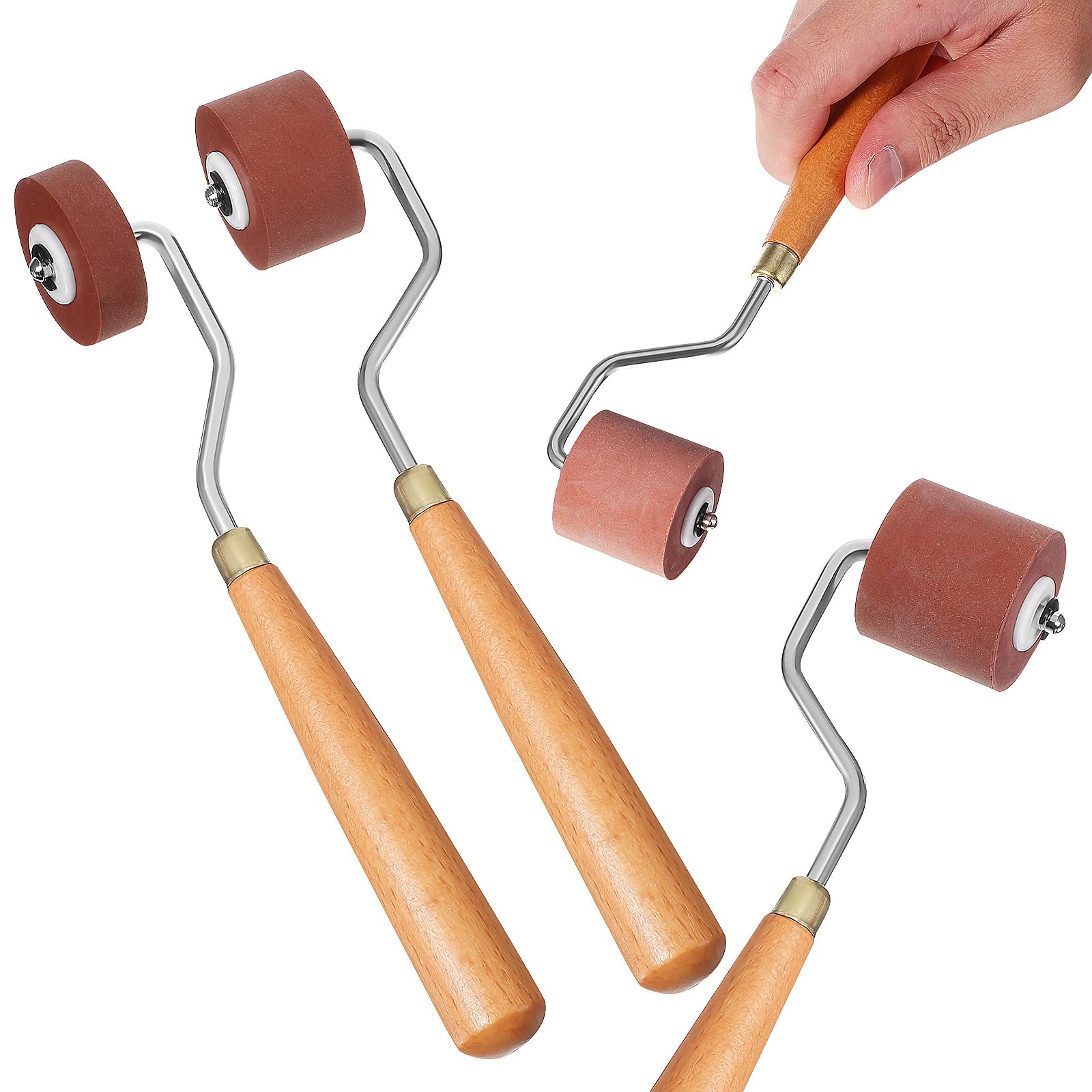 VILLCASE Rodillos Brayer de Goma 3 Piezas Mango de Madera y Eje de Acero Inoxidable, Anchos 1 Cm, 2 Cm y 3 Cm para Manualidades, Estampado y Pintura Precisa