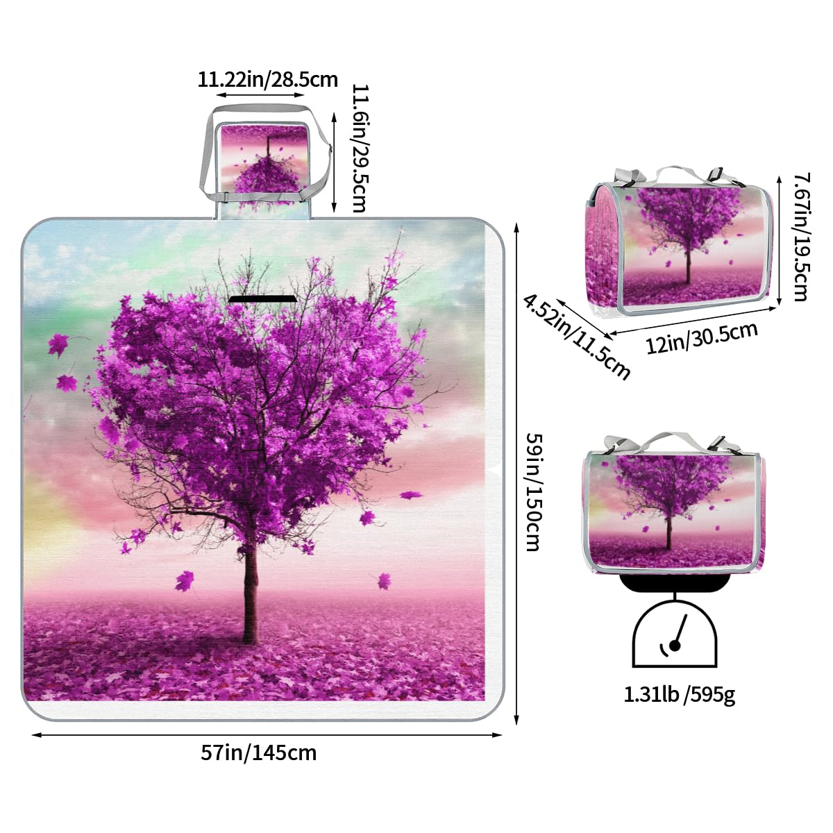 Shimoshe Picnic Blankets 57”x 59”, Purple Maple Tree Waterproof Sandproof Picnic Mat Lightweight Foldable Beach Blanket for Camping Park Grass Beach Outdoor Blanket