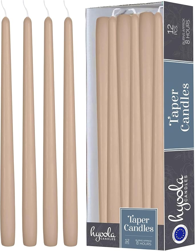 Hyoola 12 Pack Tall Taper Candles - 10 Inch Sahara Beige Dripless, Unscented Dinner Candle - Paraffin Wax with Cotton Wicks - 8 Hour Burn Time