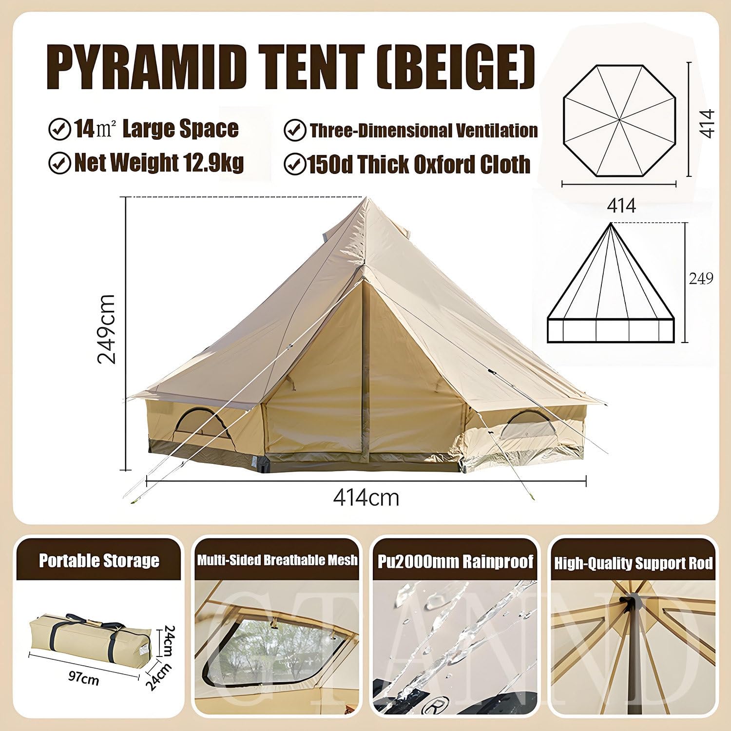 Grande tenda da campeggio Yurta, tenda a campana Glamping 4 stagioni, Yurta familiare da 6-8 persone, tenda piramidale tutto in uno, protezione solare, impermeabile e antivento, strato singolo