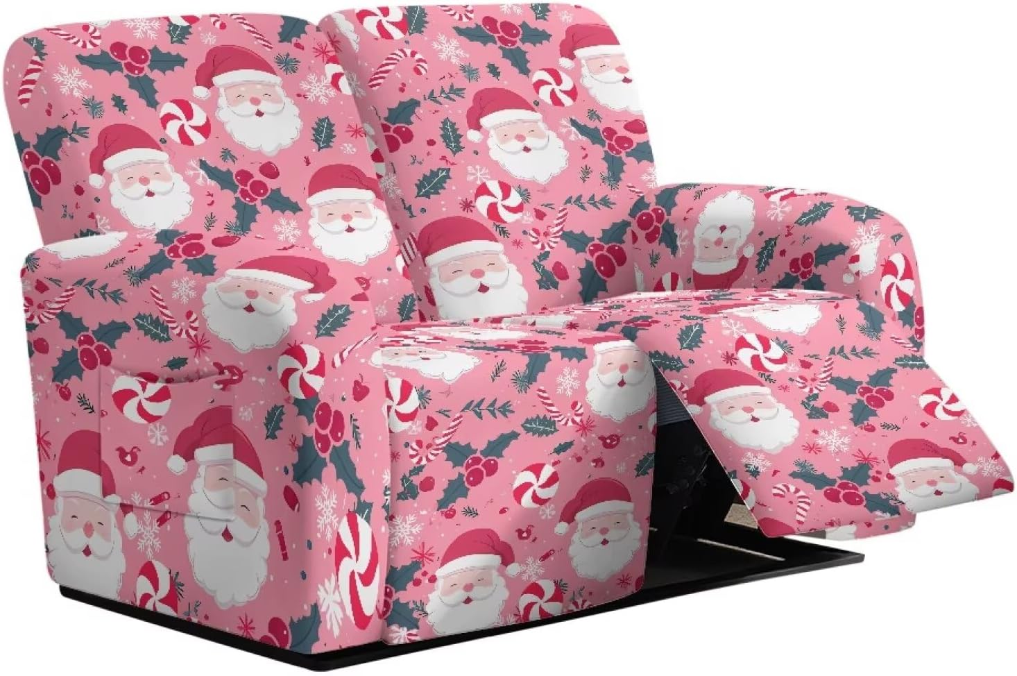 Loveseat Recliner Slipcovers, Santa Claus Stretch 2 Seater Loveseat Recliner Sofa Covers Elastic Polyester Couch Cover with Pocket Easy to Install Machine Washable Pink