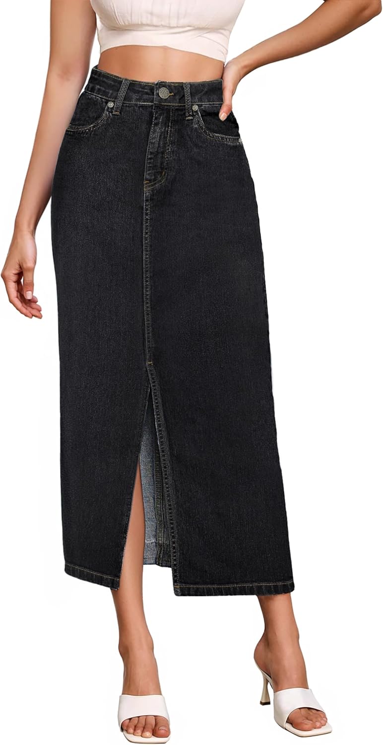 Hybrid & Company Women's Long Denim Skirt – Stretch Jean Skirt for Office and Casual Wear