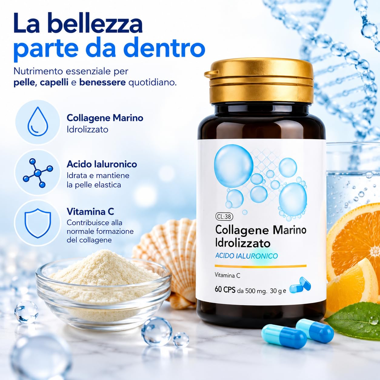 Collagene Marino Idrolizzato 240 Compresse | Acido Ialuronico, Pelle, Capelli, Unghie, Articolazioni