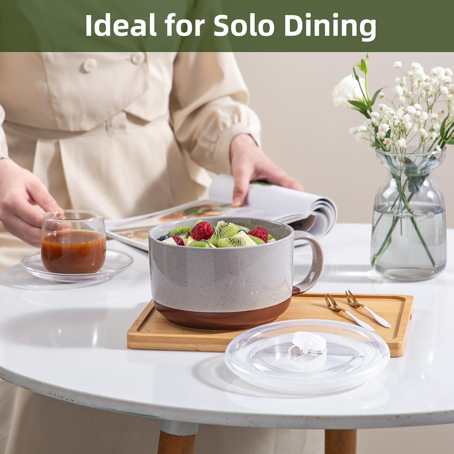 Jumbo Ceramic Soup Bowl with Lid, Microwave Safe - Grey image 5