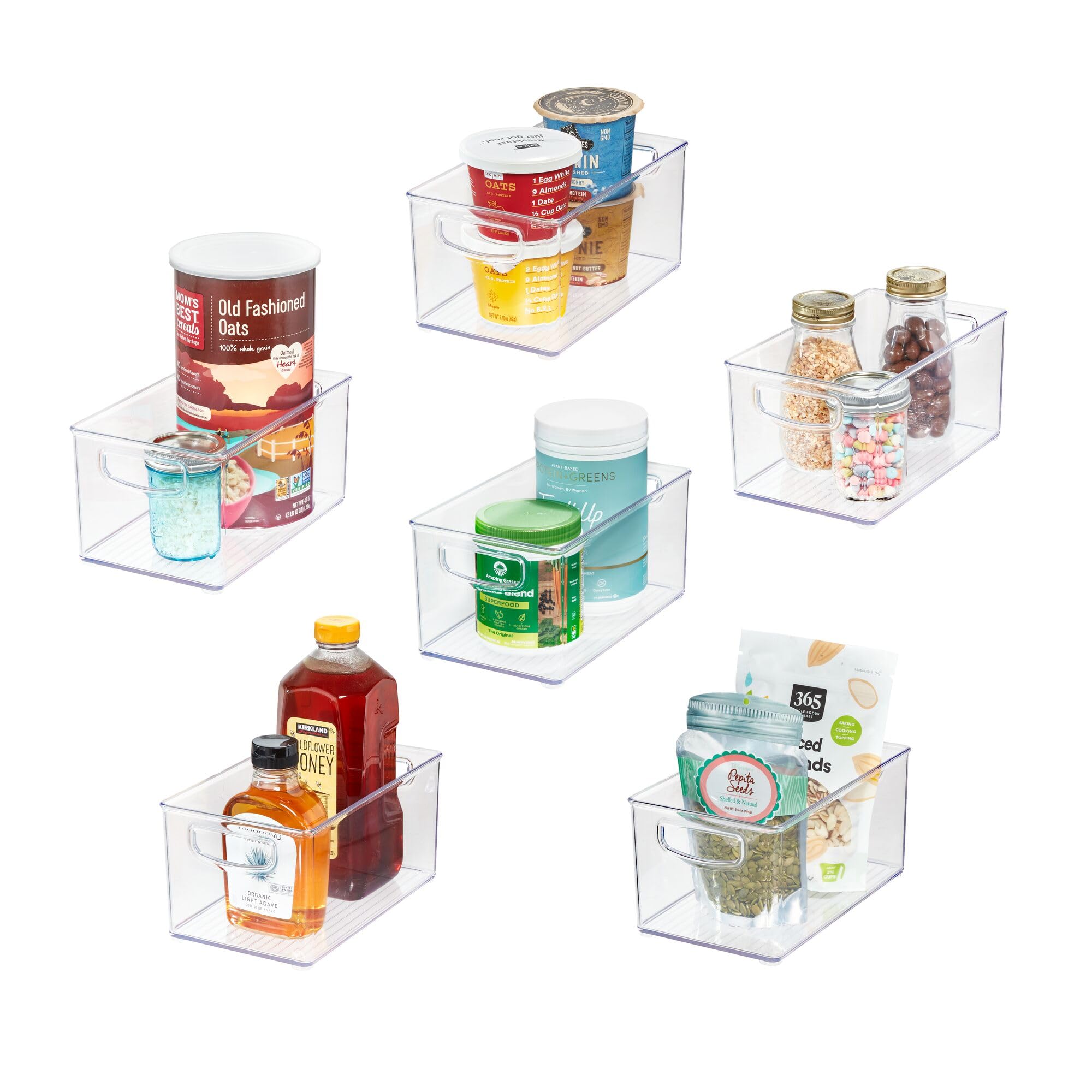 iDesign 6-Piece Recycled Plastic Pantry and Kitchen Storage, Freezer and Fridge Organiser Bins with Easy Grip Handles - 6 Pack, Clear