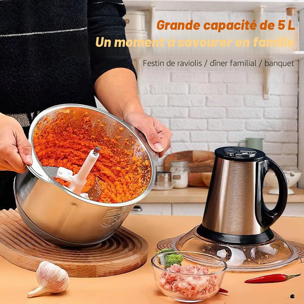 5L Hachoir Électrique 500W, Mixer Cuisine,Hachoir avec Bol en Acier Inoxydable 304, 4 Upgrade Double S-Blades, 3 Vitesses, Food Processor Idéal pour Viande, Légumes
