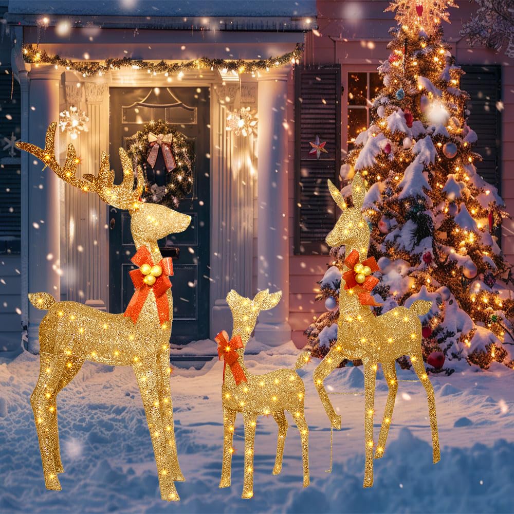 Cervi natalizi illuminati per esterni, 3 pezzi, renne illuminate, decorazioni natalizie per esterni, 137 cm, decorazioni natalizie per esterni per la casa, oro, 210 luci a LED