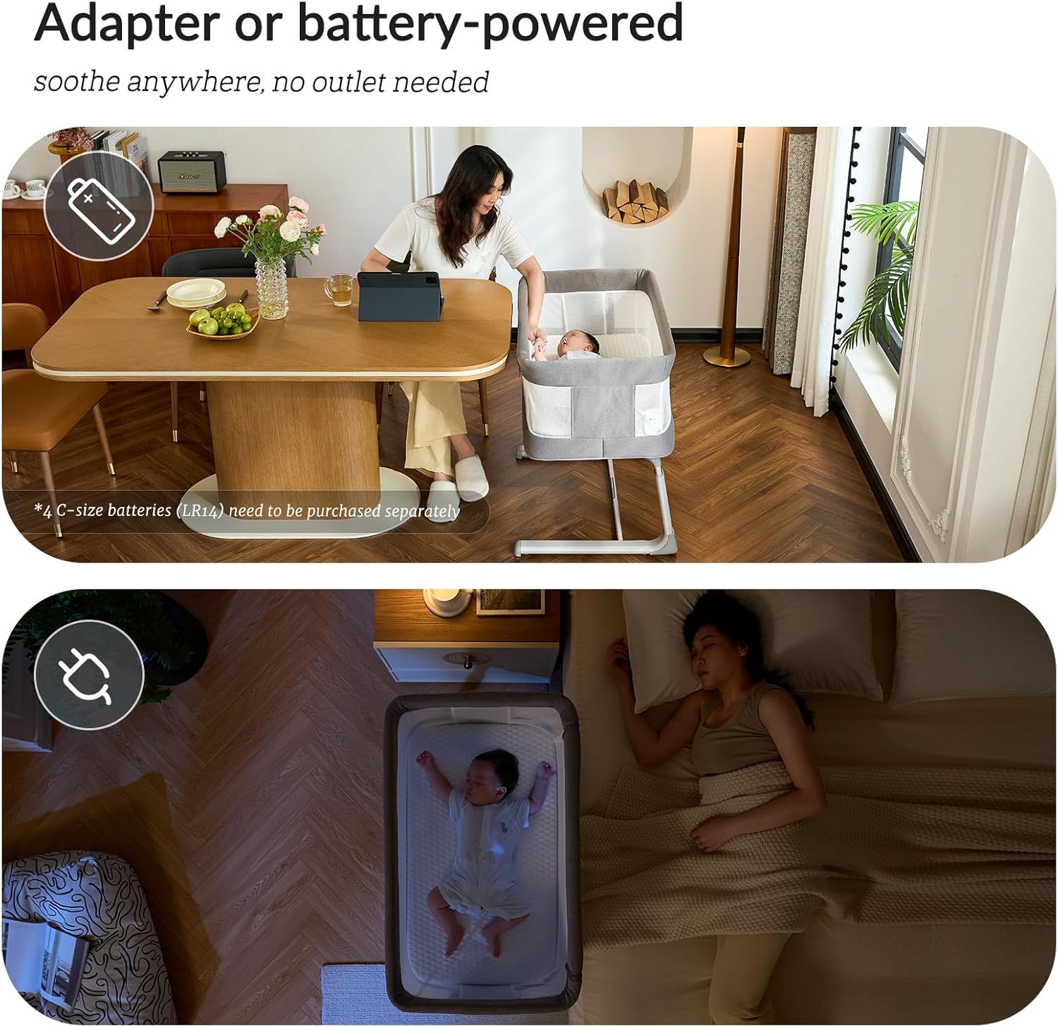 Electric Baby Bassinet for Newborns — 3-Speed Auto Rocking, 5 Melodies + 3 White Noise, Breathable Mesh, Side Drop for Bedside Sleeping, Adjustable Height, Tool-Free Assembly, Co-Sleeper