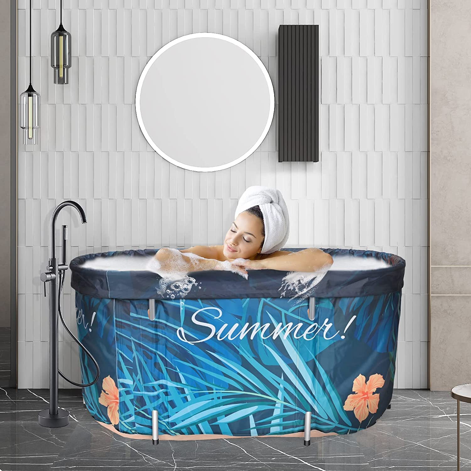 vasca da bagno portatile adulti 120x57x57cm, pieghevole con copertura termostatica, Bagno di ghiaccio 2 fori di drenaggio (10 sacchetti da bagno)