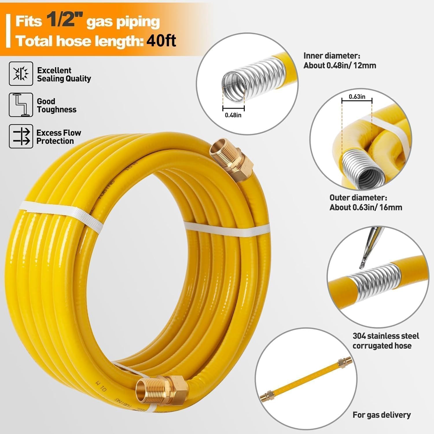 40ft 1/2'' Gas Line, Flexible Gas Lines Pipe, Natural Gas Line Propane Pipe Conversion Kit with 2 Male Adapter Fittings，Ideal for Natural Gas Propane - 3