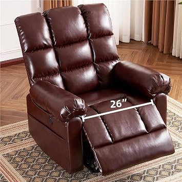 Oversized Power Lift Recliner Chair for Elderly with Massage Heat Faux Leather Electric Big and Tall 26 Inch Extra Wide Overstuffed Backrest USB Charging Port Brown Living Room Furniture