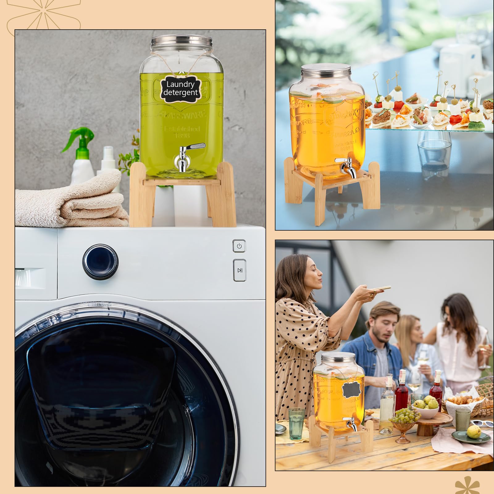 Sliner Paquete de 2 dispensadores de bebidas de vidrio con soporte, dispensador de bebidas de vidrio, recipientes de agua y jugos para fiestas con pizarra colgante de espiga de acero inoxidable (2
