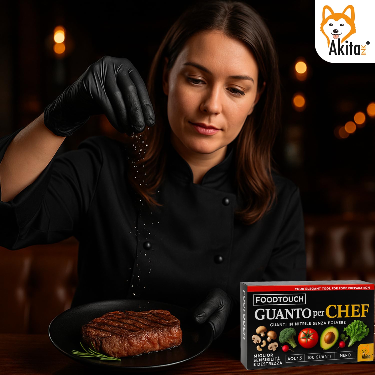AKITAInk Guanti Chef Nitrile Neri 100 Pezzi Food Touch | Monouso Professionale per Chef e Ristorazione | Senza Polvere, 4g | Ideali per Ristorazione e Manipolazione Alimenti (XL)