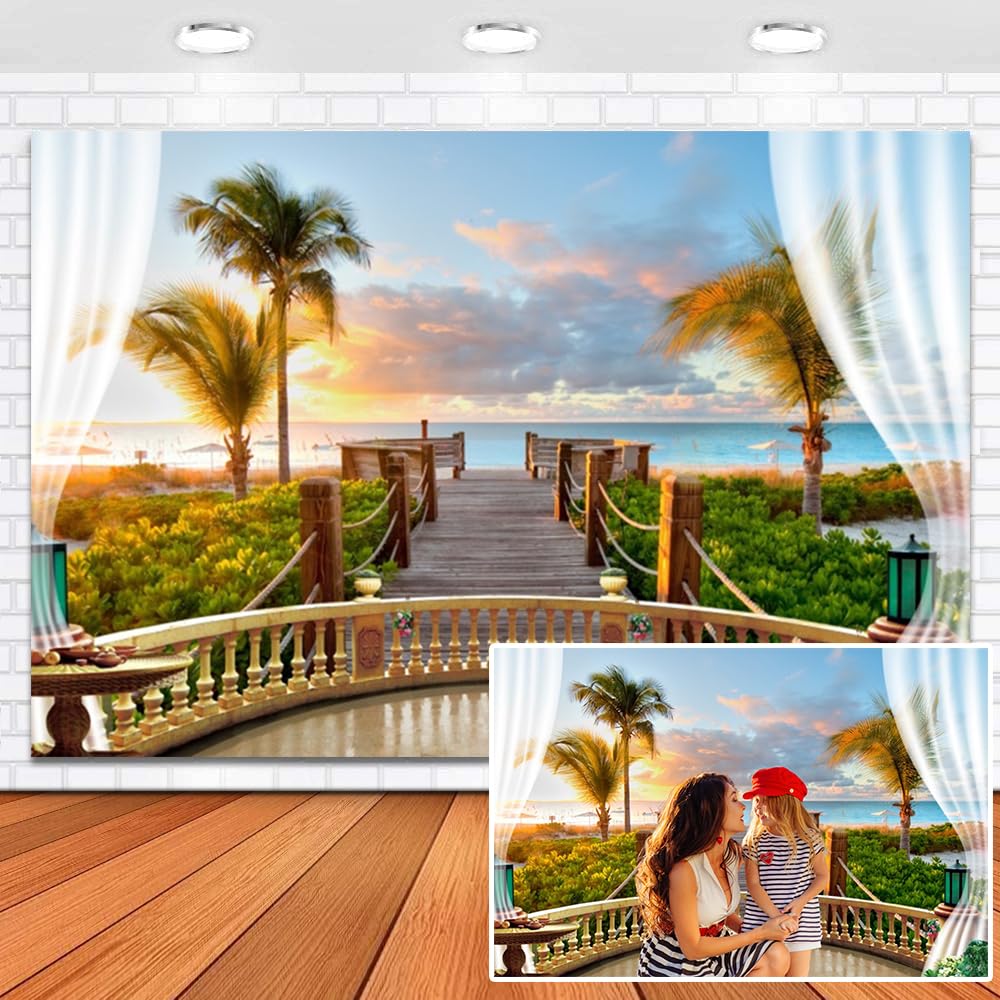 Leowefowa Summer Beach Backdrop Banner 10x8ft Sunset Palm Tree Photography Background Summer Hawaiian Tropical Party Backdrop for Baech Birthday Party