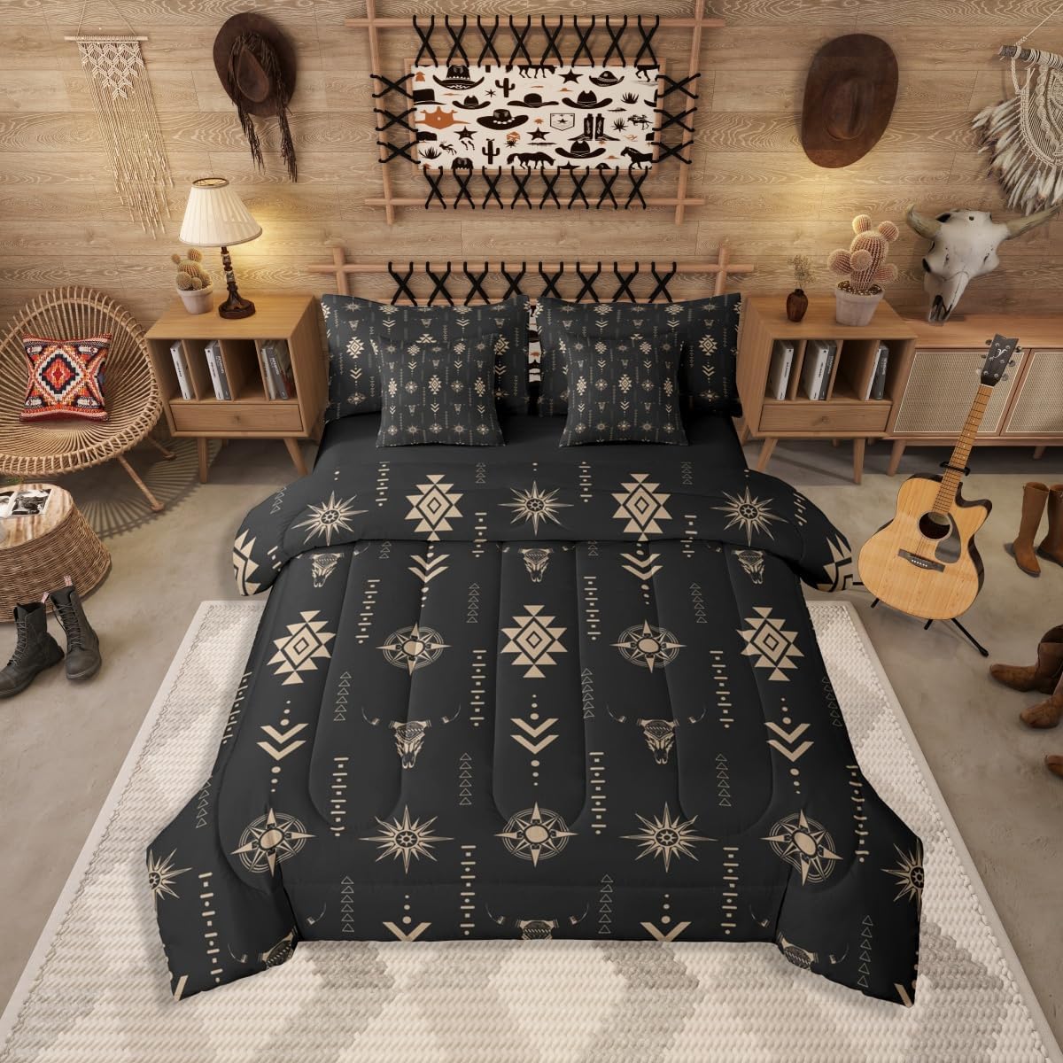 Rustic Bull Skull 7 Pieces Bedding Set King Size,Ethnic Western Aztec Bed in a Bag,Geometric Diamond Bed Set Includes Comforter,Sheet Set,Pillowcases & Pillow Covers,Black Gold Bohemian Bedroom Decor