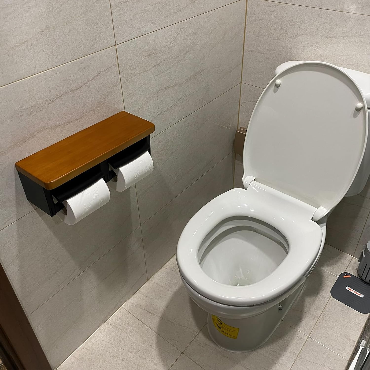 Toilet Paper Holder with Shelf- with Toilet Paper Cutting Function, Modern Toilet Paper Holder Wall Mounted for Bathroom Washroom (Wood Brown&Black, Double)