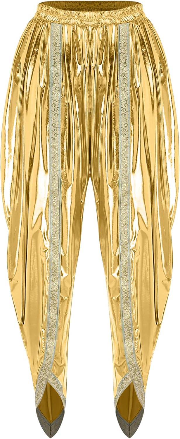 Mens Metallic Shiny Dhoti Pant Indian Gold Brocade Trim Trousers Cosplay Arabian Prince Costumes