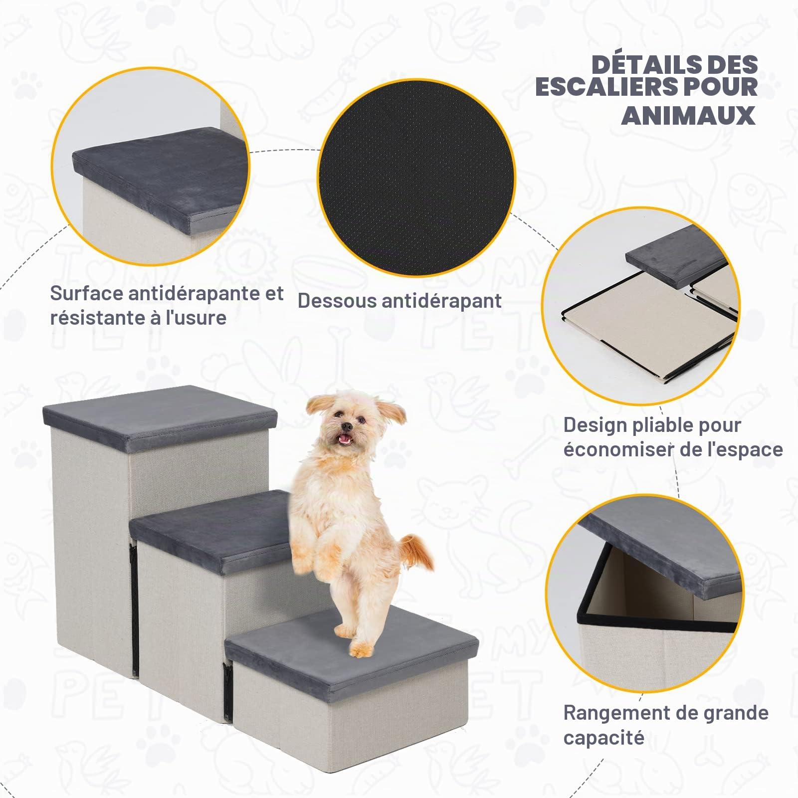 Escalier 3 Marches pour Chien avec Rangement, Pliable pour Canapé/Lit, 74x33x44cm