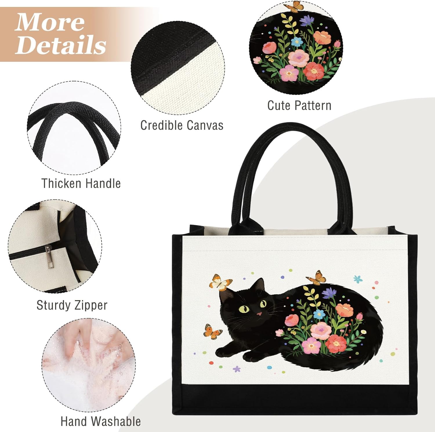 GevGuxLuo Canvas Tote Bag for Women, Cute Cat Gifts for Black Cat Lovers, Animal Lover Gift Aesthetic Cats Beach Bag Reusable Grocery Bag, Birthday Christmas Gift for Daughter Friends Sisters Bestie - Image 4