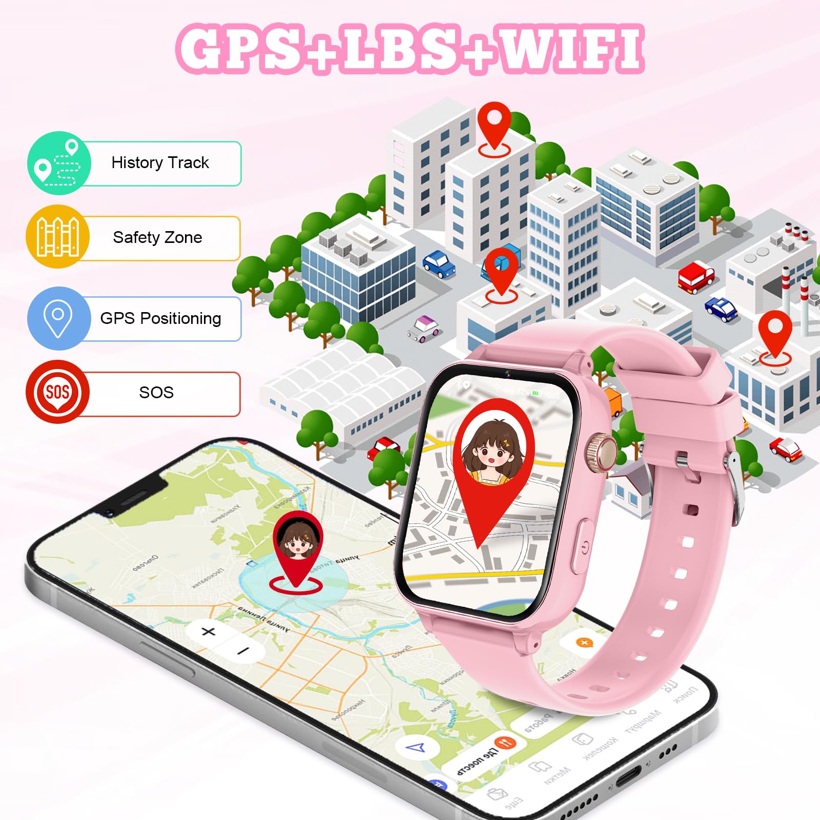 Smartwatch Bambini GPS 4G, Orologio Intelligente con Telefono, Videochiamata, Chat, SOS, Sveglia, Contapassi, Camera, Modalità Classe, Gioco, Smart Watch per Ragazza e Ragazzo 4-12 Anni Regalo, Rosa