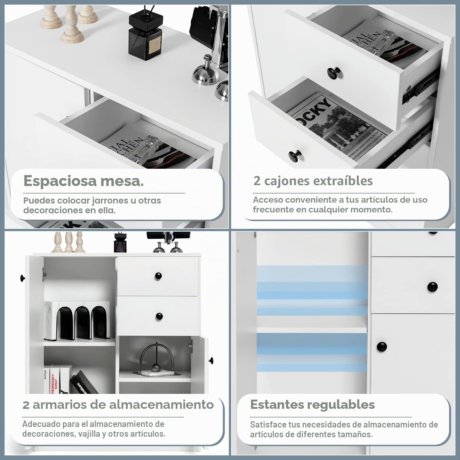 GIANTEX Aparador de Cocina con 2 Puertas y 2 Cajones, Armario de Almacenamiento Moderno, Cómoda de Madera, 72 x 34 x 85,5 cm, Mueble Auxiliar para Cocina, Comedor, Salón, Blanco