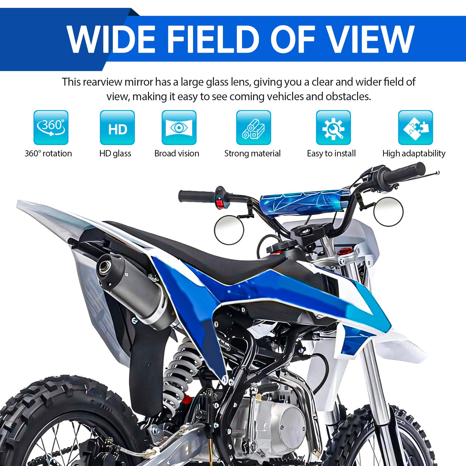DREAMIZER Rétroviseur de guidon de moto 7/8" 22mm, E24 Homologués rétroviseur de guidon de moto, rétroviseur latéral de moto rond rotatif à 180° compatible avec Dirt Bike Enduro ATV Quad