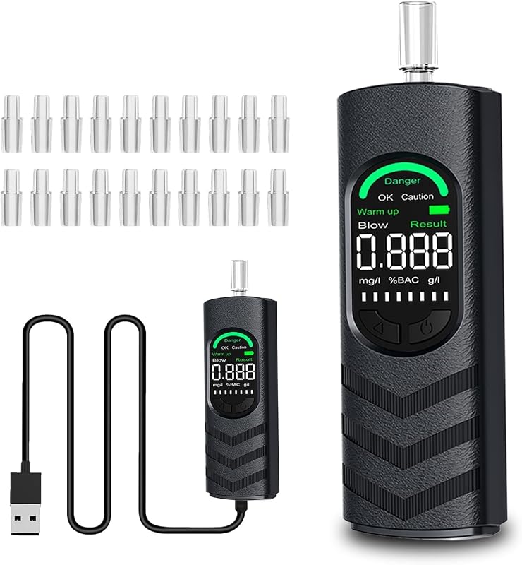 YRHWS Alkoholtester, Alkoholmessgeräte Polizeigenau Promilletester mit USB-C Akku, Professioneller Alkohol Tester mit 20 Mundstücken und Digitaler LCD Bildschirm