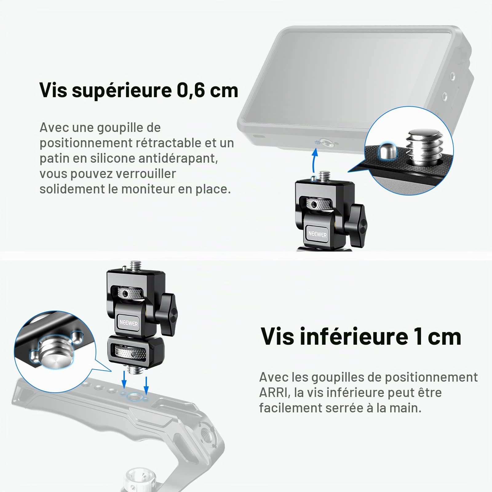NEEWER Support de Moniteur d'appareil Photo avec vis moletée de localisation Arri 3/8", vis 1/4" pour Moniteur 5" et 7", Compatible avec Atomos Ninja V, pivotant à 360° et Amortissement d'inclinaison