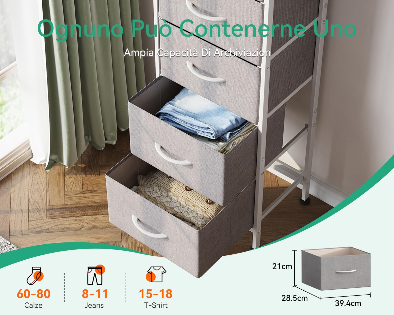 Coleshome Cassettiera Camera da Letto, Cassettiera Alta Piccola con 5 Cassetti in Tessuto, Robusta Struttura in Acciaio, Piano in Legno, Adatta per Camera da Letto e Soggiorno, Grigio Chiaro
