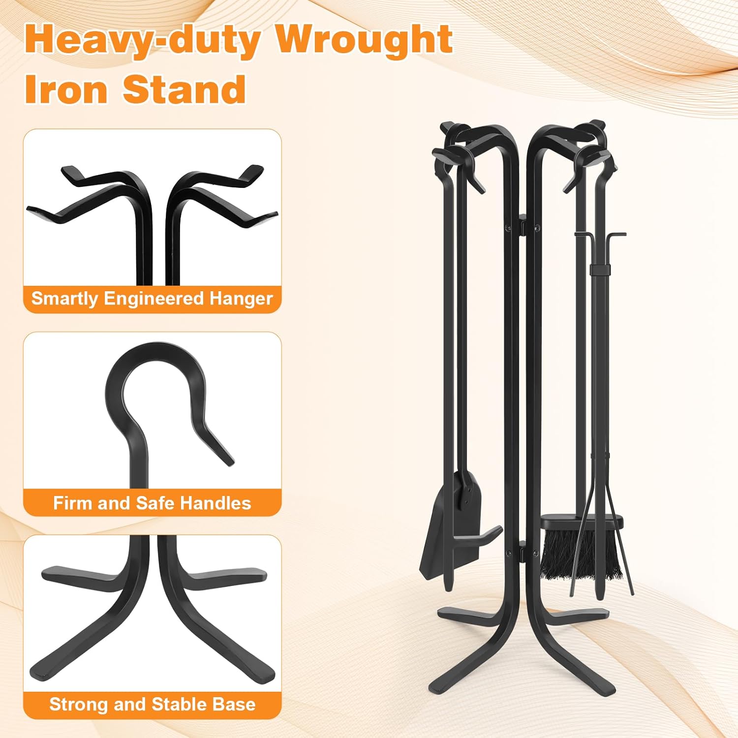 FEED GARDEN Hand Forged Iron Fireplace Tools Set 5-Piece Wrought Iron 28 Inch Fire Place Set Tools with Stand for Indoor Outdoor Heavy Duty Fireplace Accessories Poker, Tongs, Shovel, Brush, Base
