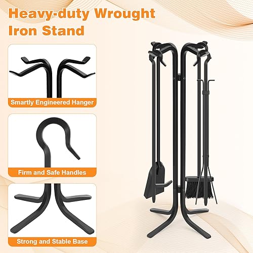 Miniatura 3 de FEED GARDEN Juego de 5 herramientas de hierro forjado a mano para chimenea de hierro forjado de 28 pulgadas, herramientas con soporte