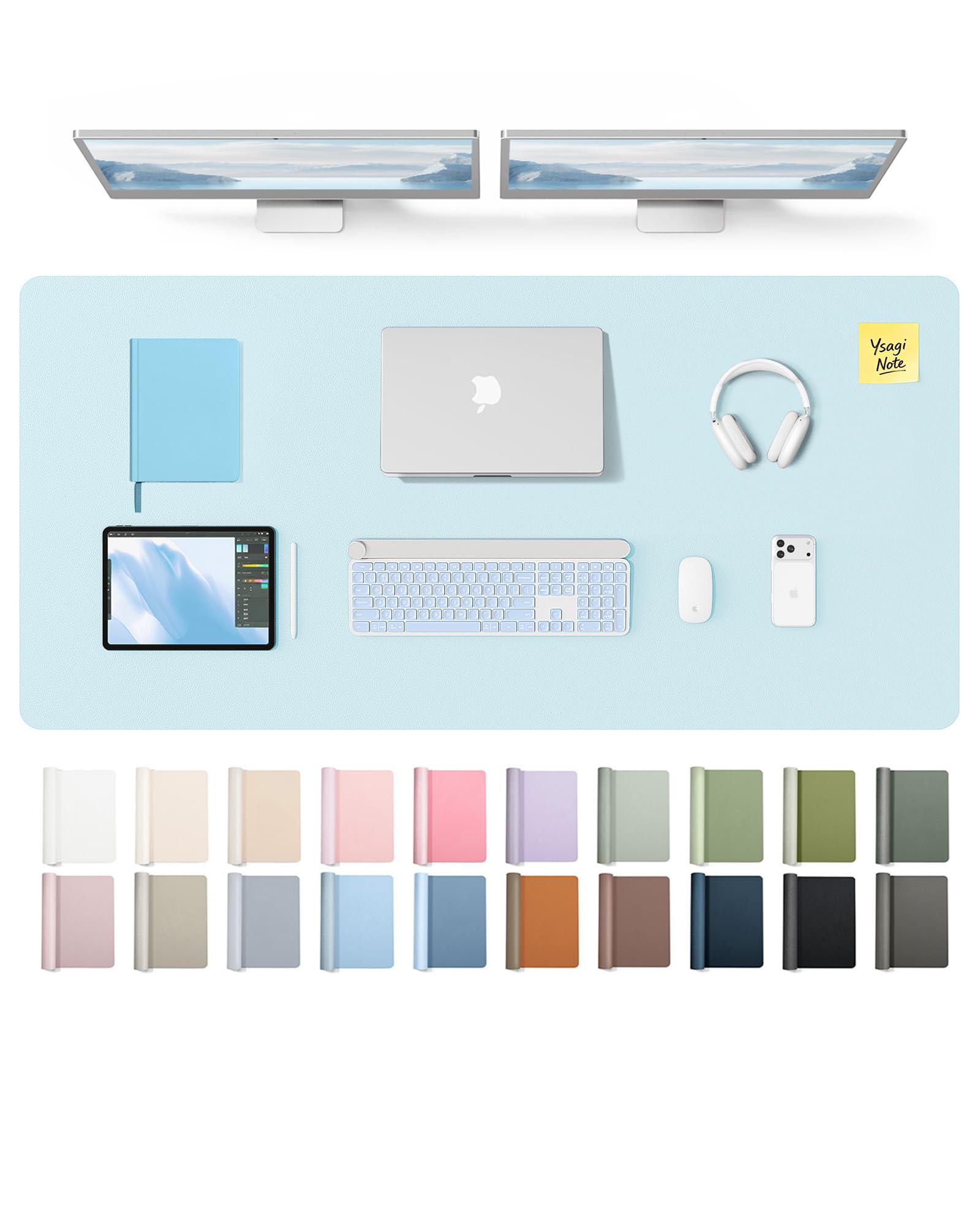 YSAGi Leather Desk Pad Protector, Office Desk Mat, Large Mouse Pad, Non-Slip PU Leather Desk Blotter, Laptop Desk Pad, Waterproof Desk Writing Pad for Office and Home (Baby Blue,55" x 24")