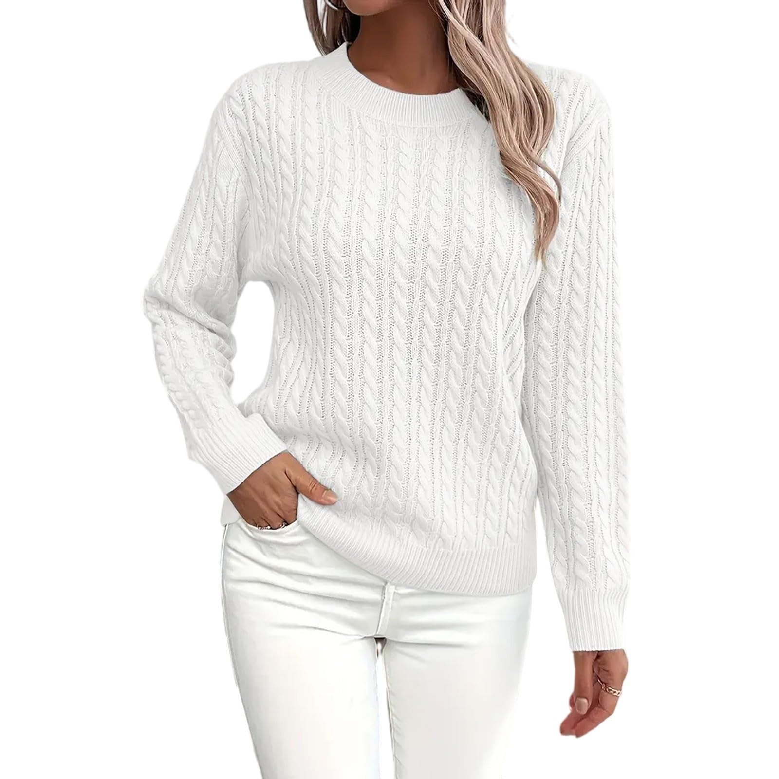 Sweaters for Women Soft Fisherman Cable Long-Sleeve Crewneck Sweater Solid Layering Tops Fall Winter Thermal Clothes