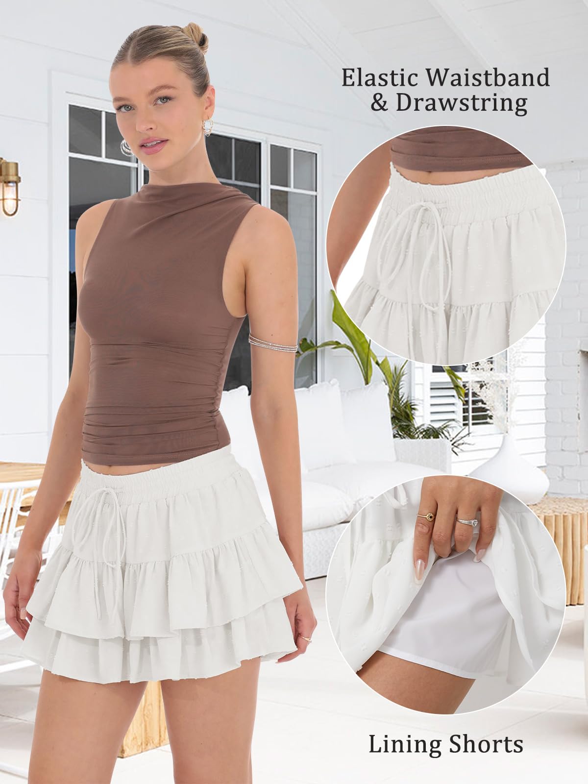 Kurz Rock Damen Sommer Elastischem Waist Rock mit Hose Lockerer Bauschiges Röcke für Damen Reise Freizeit Strand und Alltags Mini Skirt
