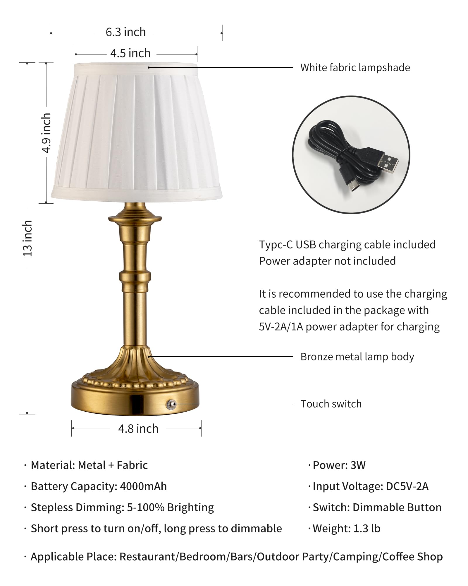 NEWSEE Lámpara de mesa inalámbrica recargable, pequeña lámpara de noche con pantalla de tela, luz táctil LED de atenuación continua para sala de estar, comedor, dormitorio, baño (bronce)