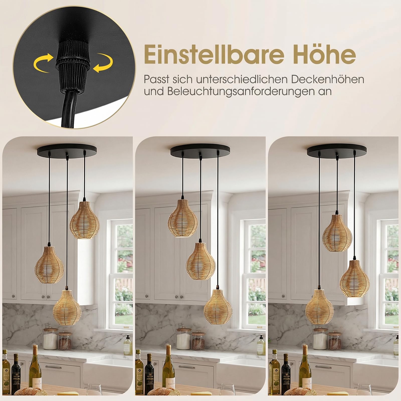 COSTWAY 3-Flammig Hängeleuchte, Boho Rattan Pendelleuchte über Esstisch, handgewebter natürlicher Korb-Kronleuchter mit verstellbarer Höhe für Kücheninsel, Esszimmer, Wohnzimmer