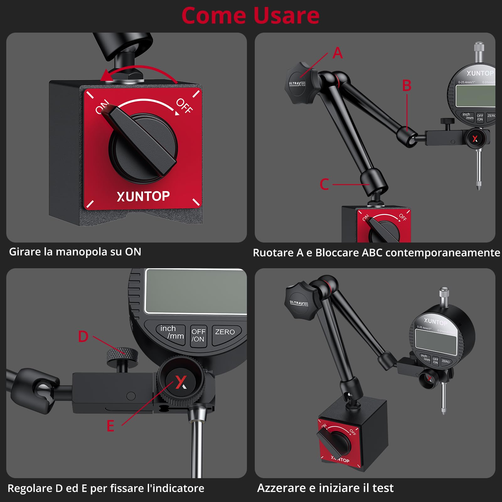 XUNTOP Comparatore digitale Comparatore Digitale Comparatore Quadrante Digital Dial Indicator - Base Magnetica 80KG Supporto Magnetico Braccio Articolato Flessibile Kit Comparatore Precisione 0.01mm