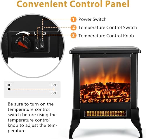 Miniatura 4 de GOFLAME Calentador de chimenea eléctrico independiente, estufa compacta de chimenea de 1400 W con efecto de llama realista y temperatura ajustable,