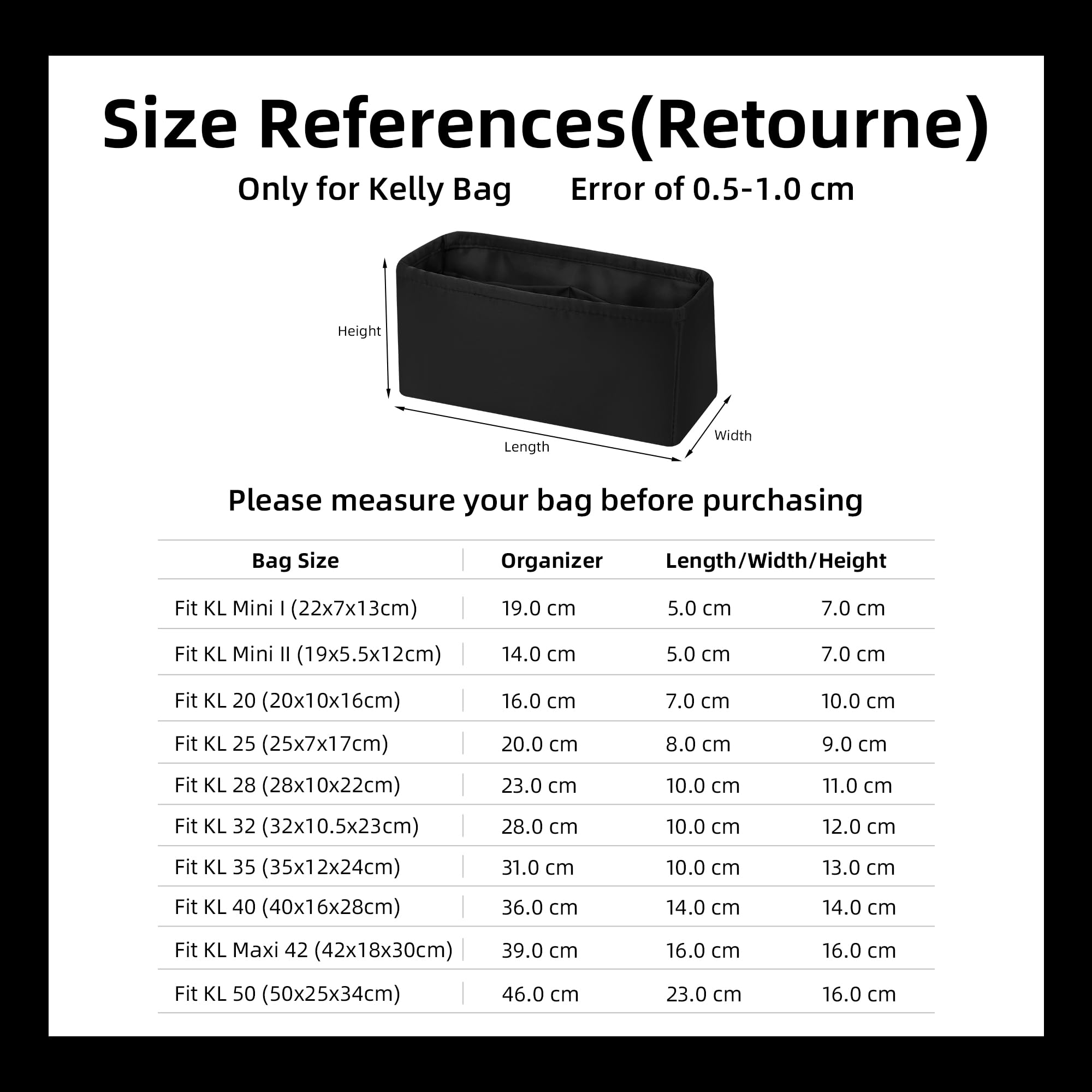 DGAZ Organizador Bolsos de Seda, Organizador Bolsa Interior Ligera para Kelly Pochette/Mini/20/25/28/32/35/40/42/50, inserto de bolsa para bolso (Noir, KL25)